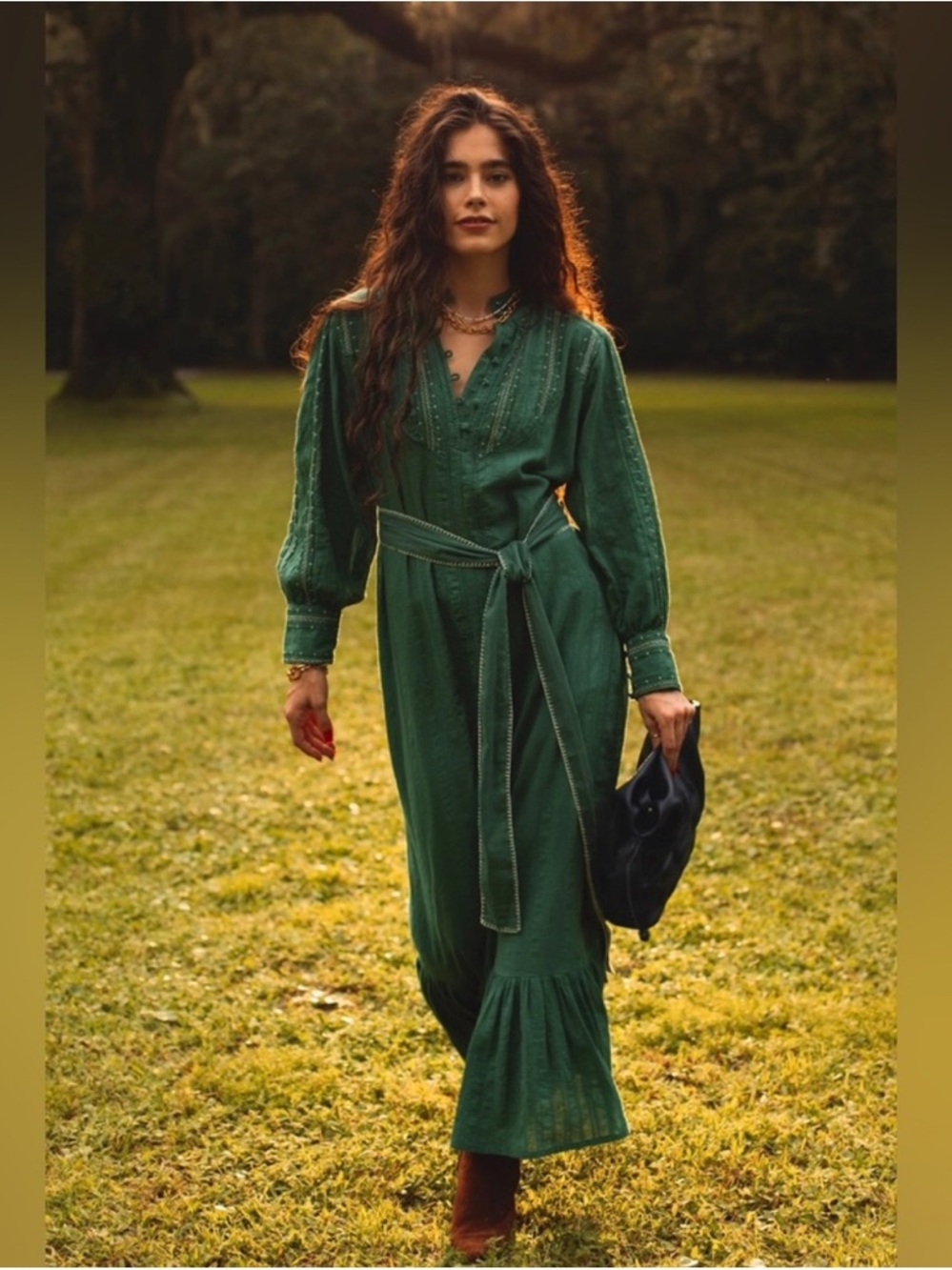 Ex Voto Sutton Maxi Dress Emerald Green Embroidered Boho Size Small NWT $289